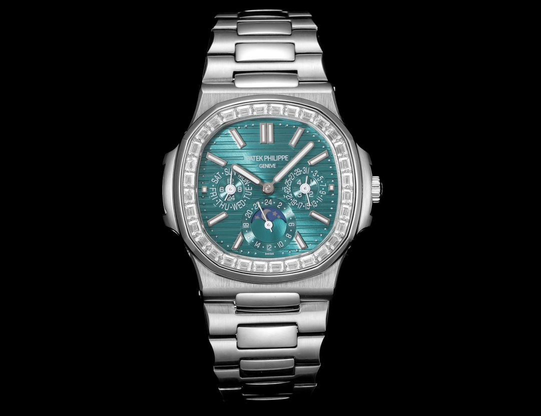 Patek Philippe Nautilus 40mm Diamond - Bezel Teal Textured Dial Perpetual Calendar Stainless Steel Watch, Calibre 240 Q