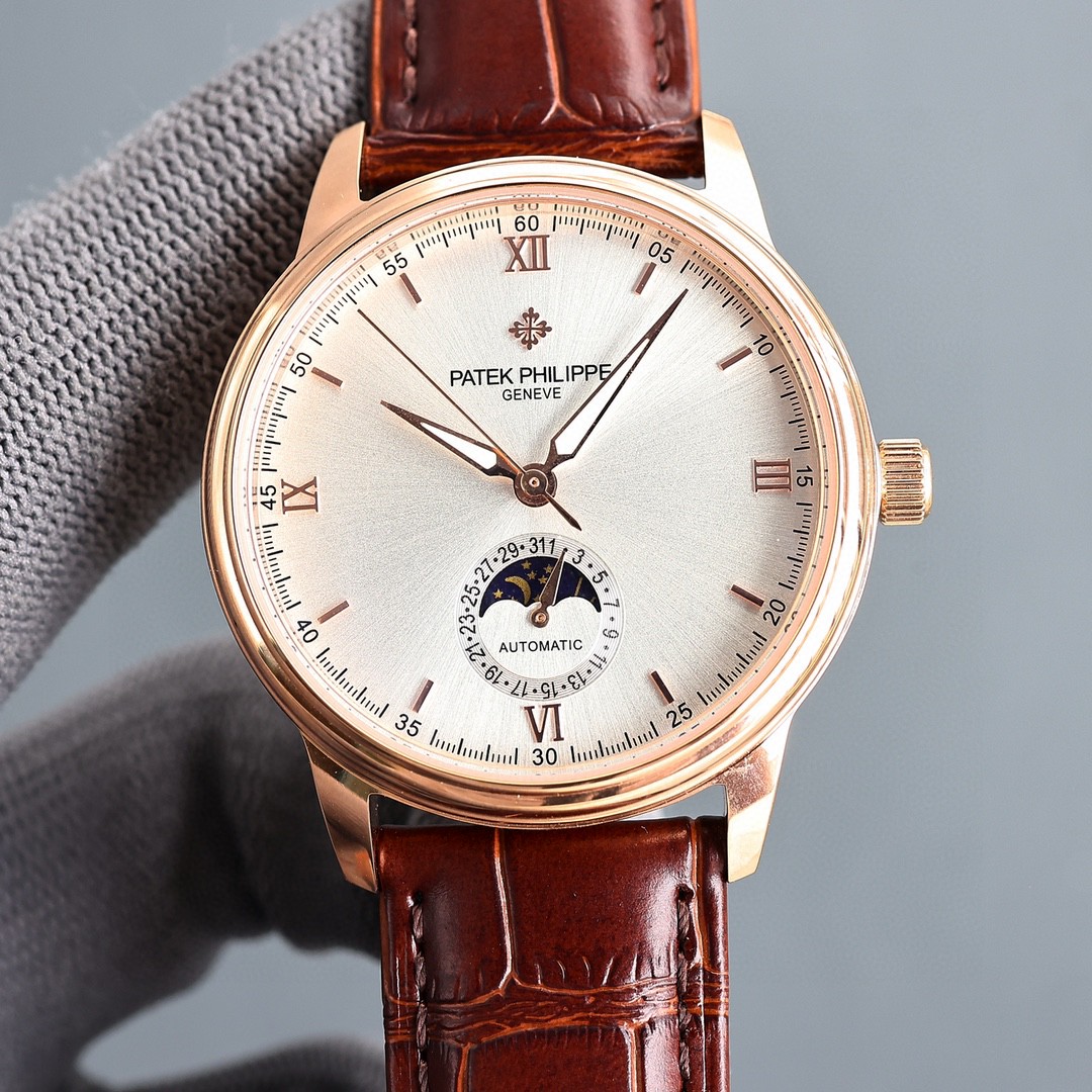 Patek Philippe Complications 40mm Silver Dial Moonphase 18K Rose Gold Watch, Calibre 324 S QA LU