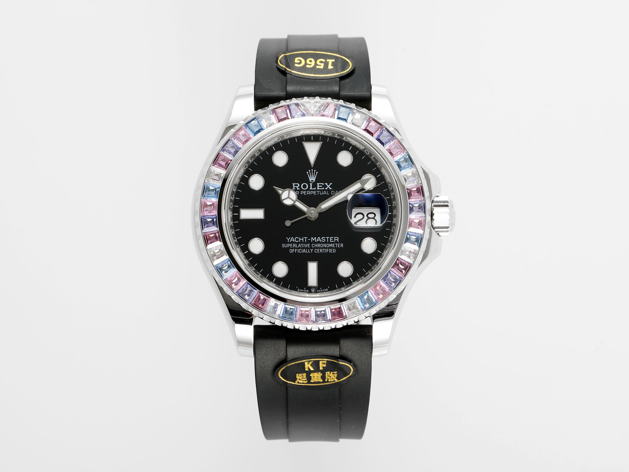 Rolex Yacht - Master 40mm Black Dial Rainbow - Gemstone Bezel Stainless Steel & Rubber Watch, Calibre 3235