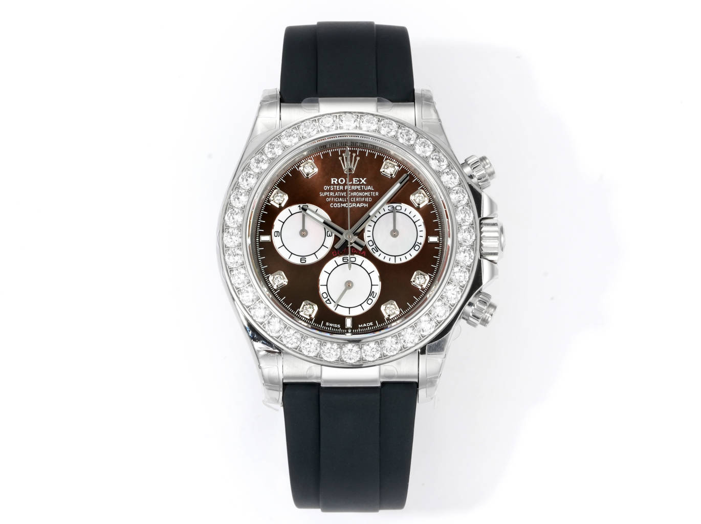 Rolex Cosmograph Daytona 40mm Round - Diamond - Set Brown Dial Rubber Strap Watch, Calibre 4130