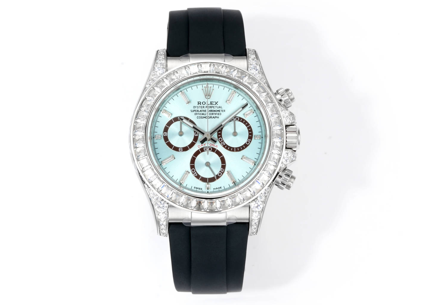 Rolex Cosmograph Daytona 40mm Baguette - Diamond - Set Ice - Blue Dial Rubber Strap Watch, Calibre 4130
