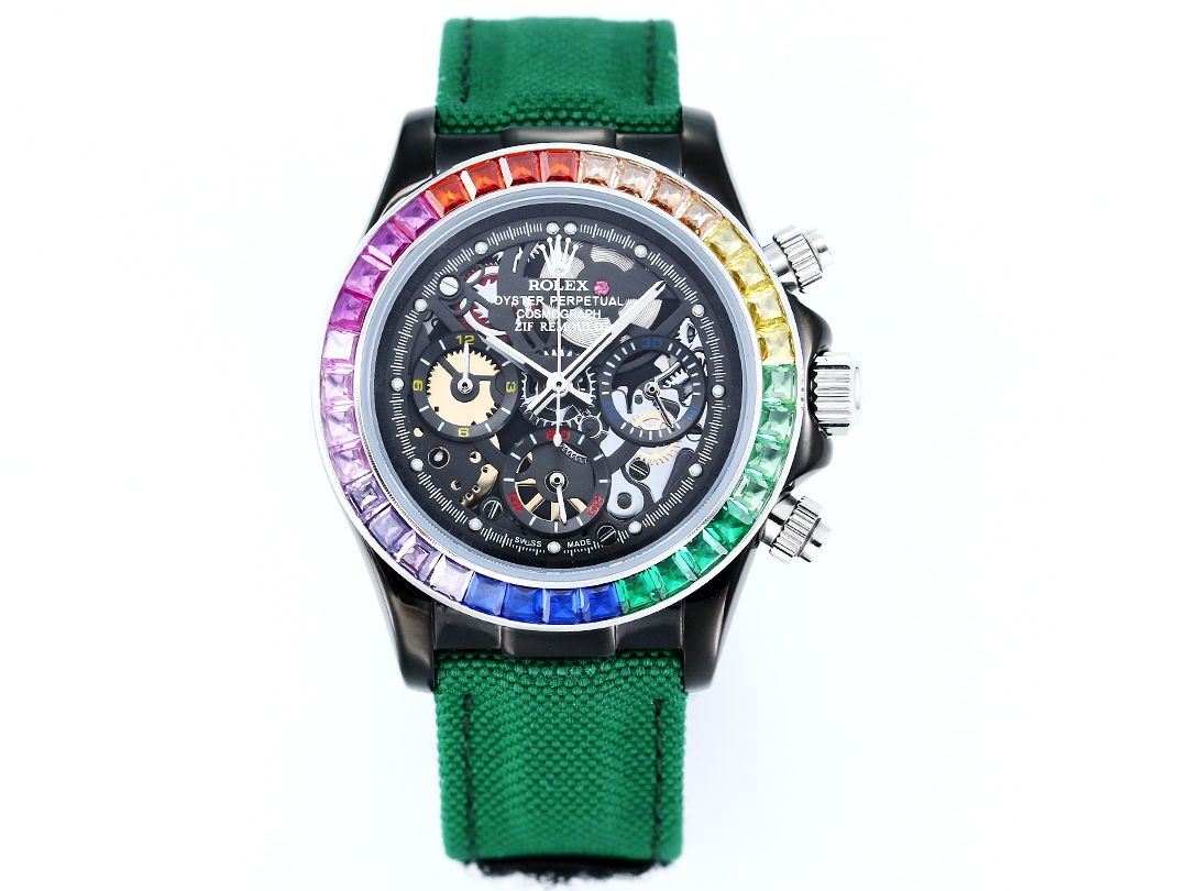 Rolex Oyster Perpetual Cosmograph Daytona Custom Skeleton Dial Watch with Rainbow Gemstone Bezel (Black - Finished Case, Green Fabric Strap)