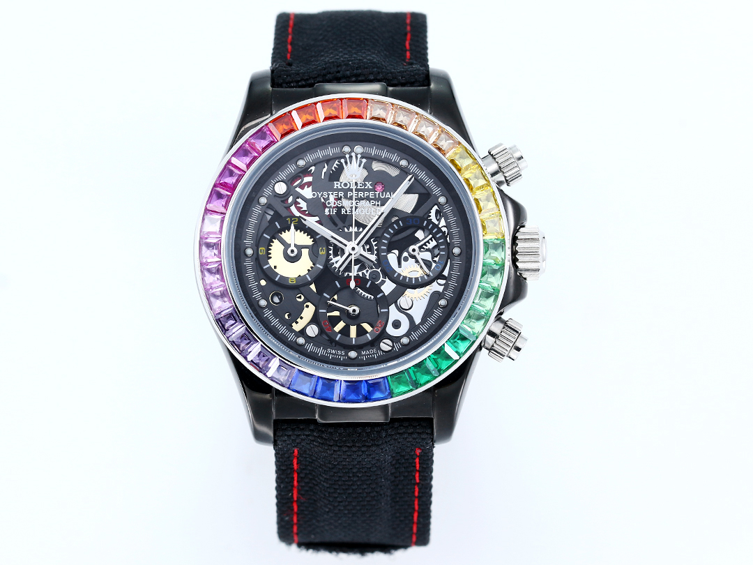Rolex Oyster Perpetual Cosmograph Daytona Custom Skeleton Dial Watch with Rainbow Gemstone Bezel (Black - Finished Case, Black Fabric Strap with Red Stitching)