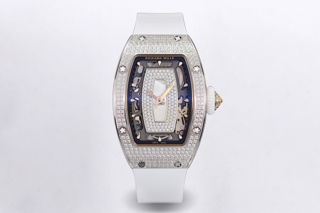 Richard Mille RM 07-01 Diamond - Set White Gold Watch (White Rubber Strap)