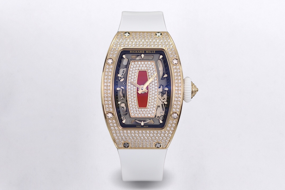Richard Mille RM 07-01 Diamond - Set Rose Gold Watch (White Rubber Strap)