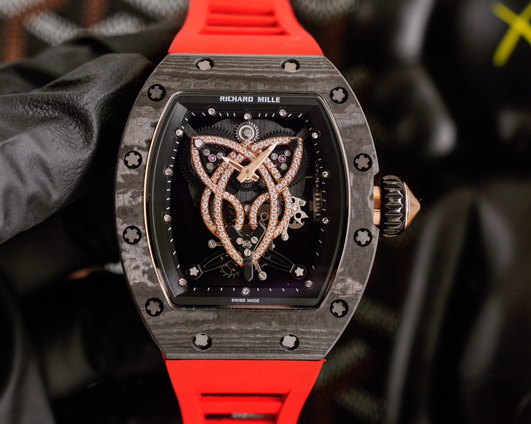 Richard Mille Diamond - Set Skeleton Watch (Black NTPT Carbon Case, Red Rubber Strap)