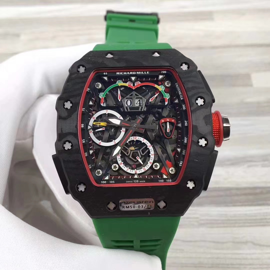 Richard Mille RM 50-03 Split Seconds Chronograph Watch (Black NTPT Carbon Case, Green Rubber Strap, McLaren Collaboration)
