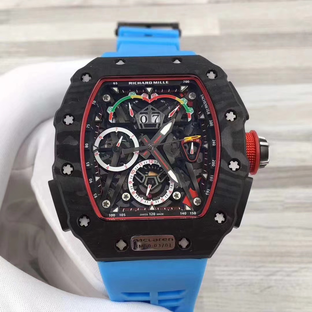 Richard Mille RM 50-03 Split Seconds Chronograph Watch (Black NTPT Carbon Case, Blue Rubber Strap, McLaren Collaboration)