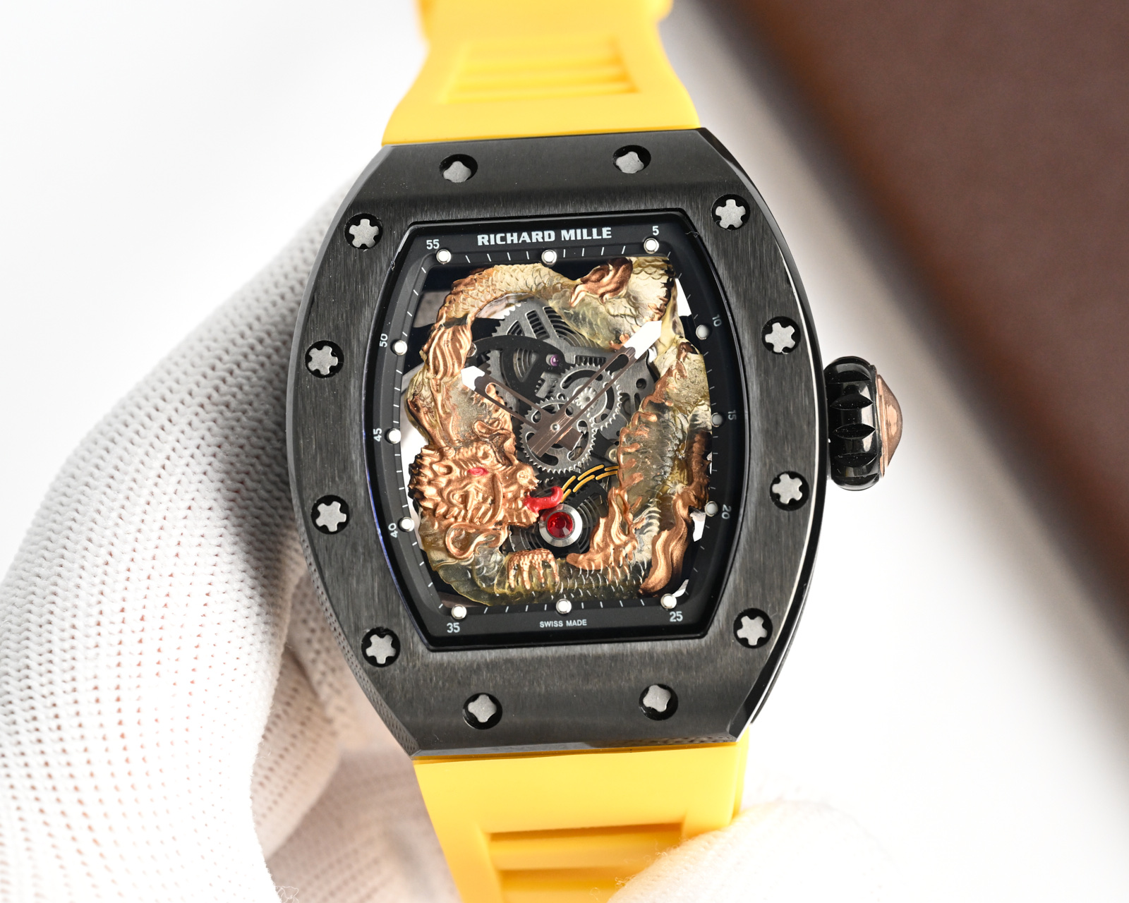Richard Mille RM 57-03 Tourbillon Watch (Black Ceramic Case, Yellow Rubber Strap, Gold Dragon Engraving)