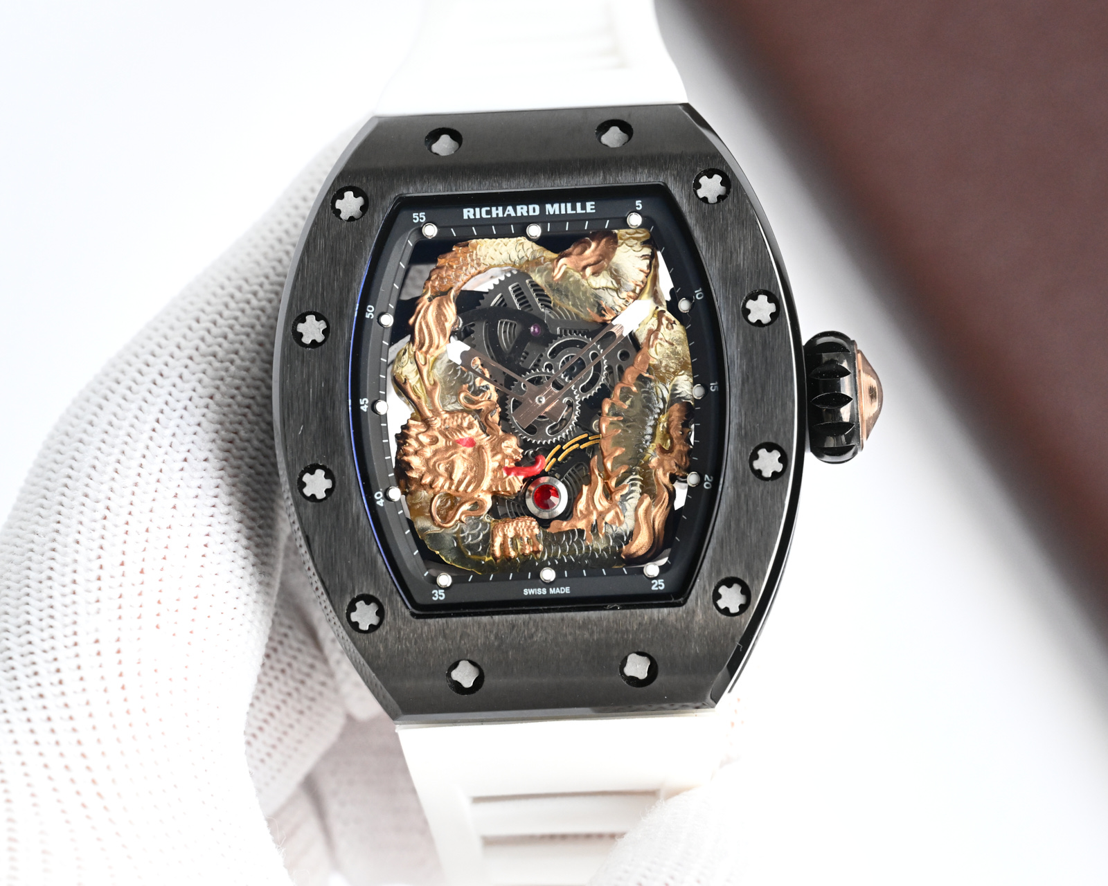 Richard Mille RM 57-03 Tourbillon Watch (Black Ceramic Case, White Rubber Strap, Gold Dragon Engraving)