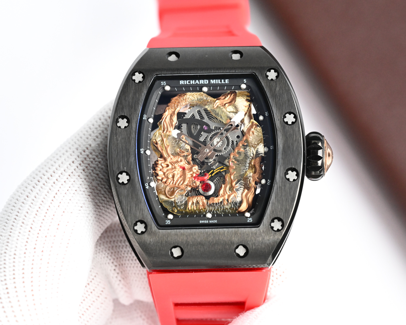 Richard Mille RM 57-03 Tourbillon Watch (Black Ceramic Case, Red Rubber Strap, Gold Dragon Engraving)