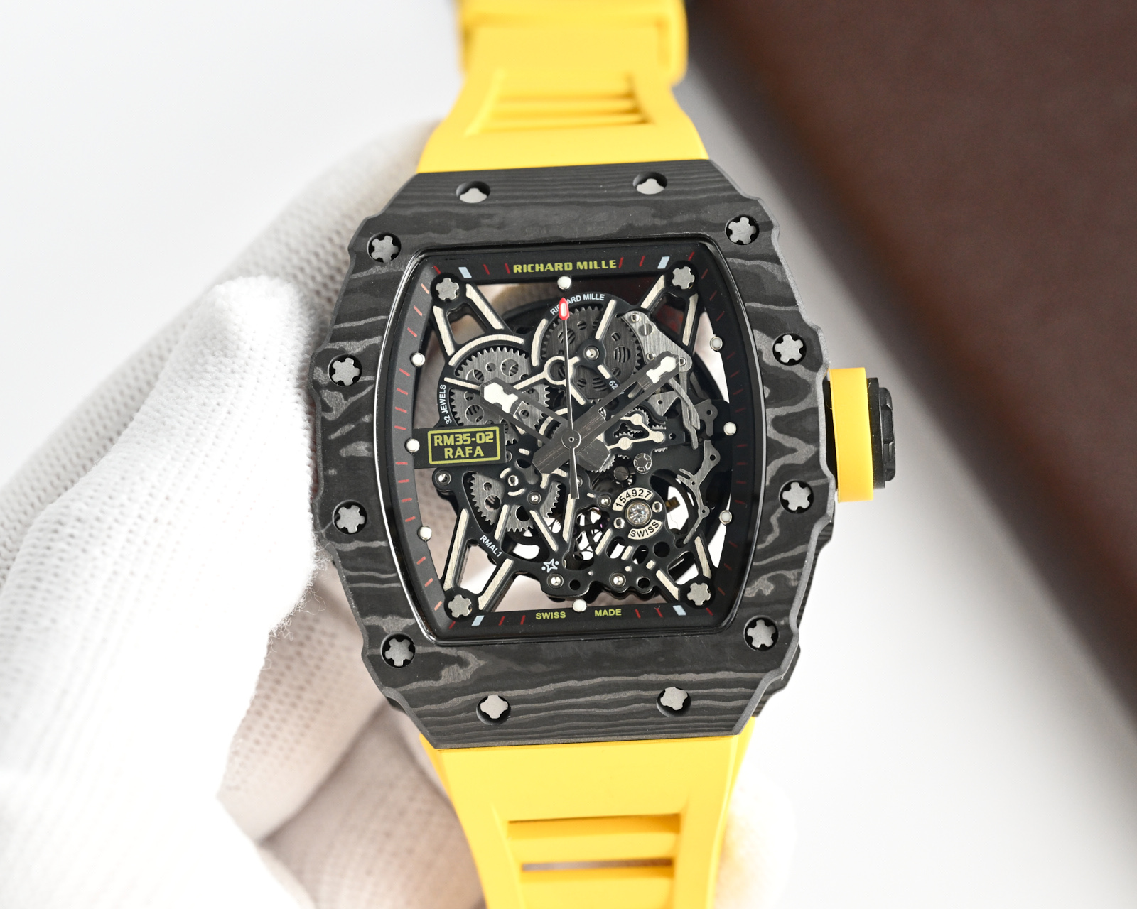 Richard Mille RM 35-02 Automatic Watch (Black NTPT Carbon Case, Yellow Rubber Strap, Rafael Nadal Collaboration)