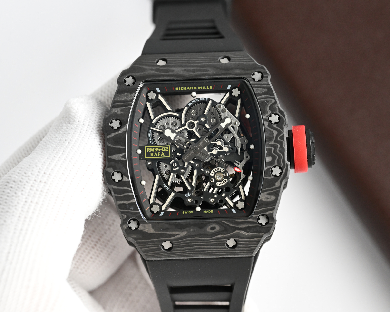 Richard Mille RM 35-02 Automatic Watch (Black NTPT Carbon Case, Black Rubber Strap, Red Crown, Rafael Nadal Collaboration)
