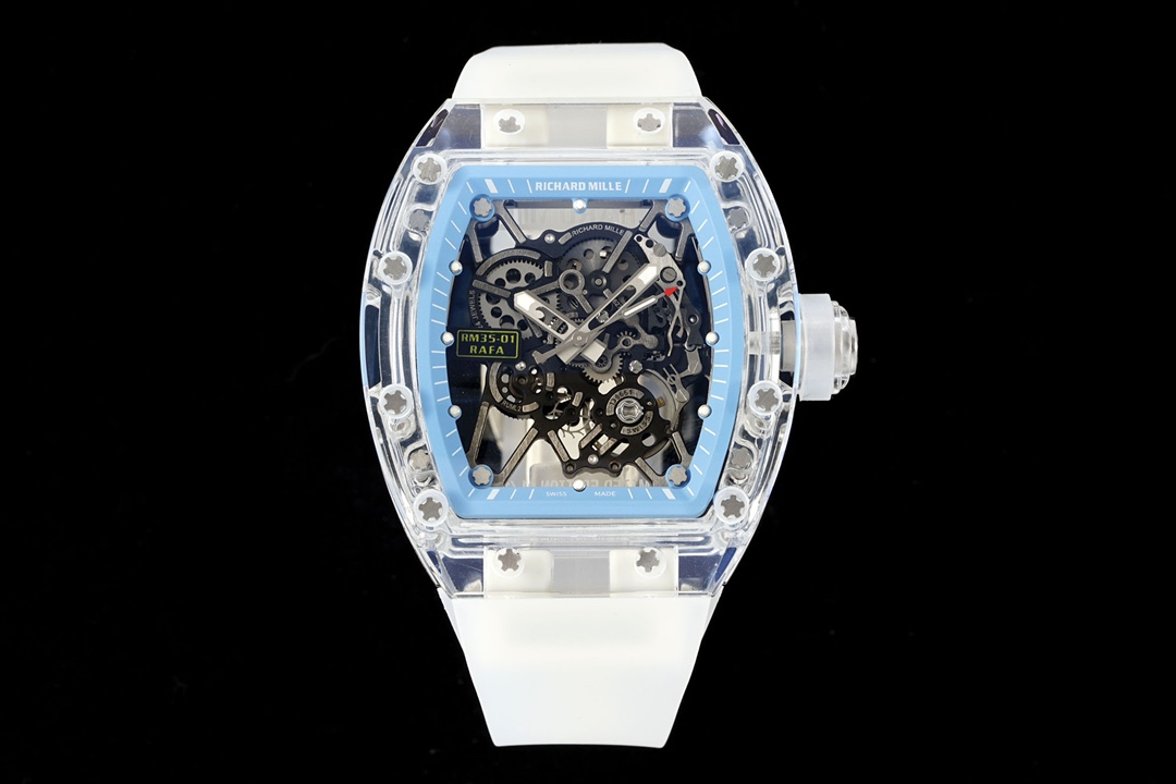 Richard Mille RM 35-01 Automatic Watch (Light Blue - Accented Transparent Sapphire Composite Case, White Rubber Strap, Limited Edition 01/10, Rafael Nadal Collaboration)