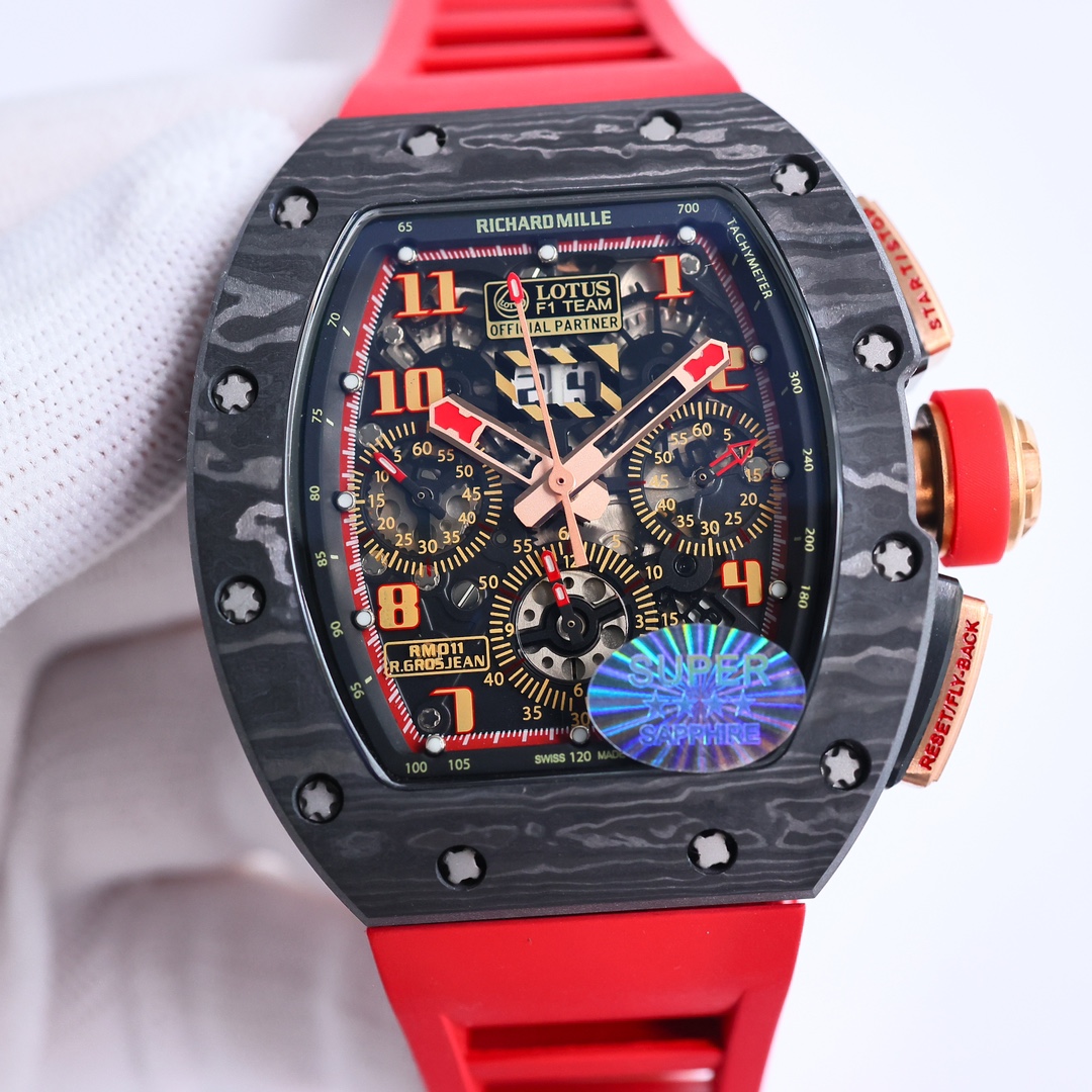 Richard Mille RM 11-03 Automatic Chronograph Watch (Black NTPT Carbon Case, Red Rubber Strap, Lotus F1 Team Edition)