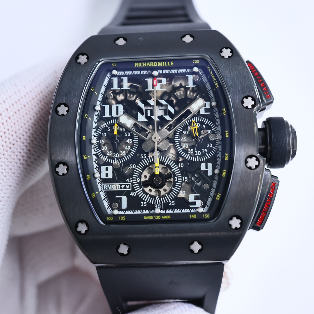 Richard Mille RM 11-03 Automatic Chronograph Watch (Black Ceramic Case, Black Rubber Strap)