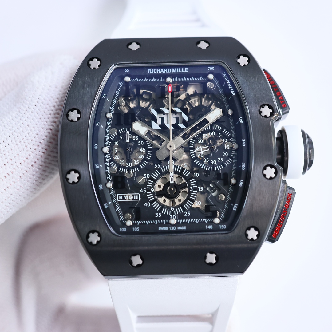 Richard Mille RM 11-03 Automatic Chronograph Watch (Black Ceramic Case, White Rubber Strap)