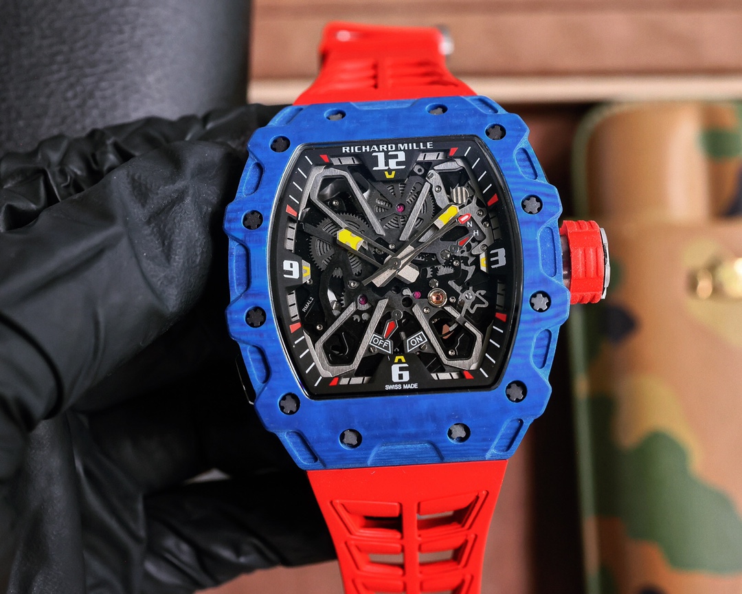 Richard Mille RM 35-03 Automatic Chronograph Watch (Blue NTPT Carbon Case, Red Rubber Strap)
