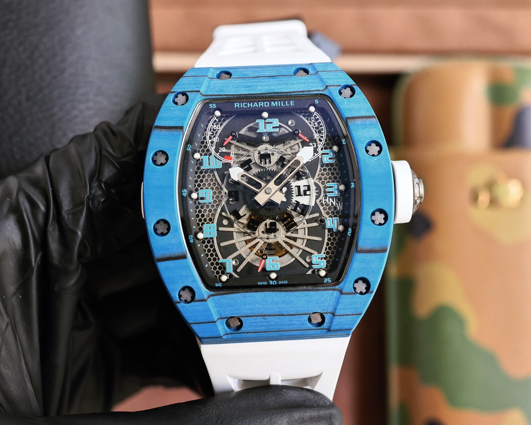 Richard Mille RM 022 Automatic Chronograph Watch (Blue NTPT Carbon Case, White Rubber Strap)