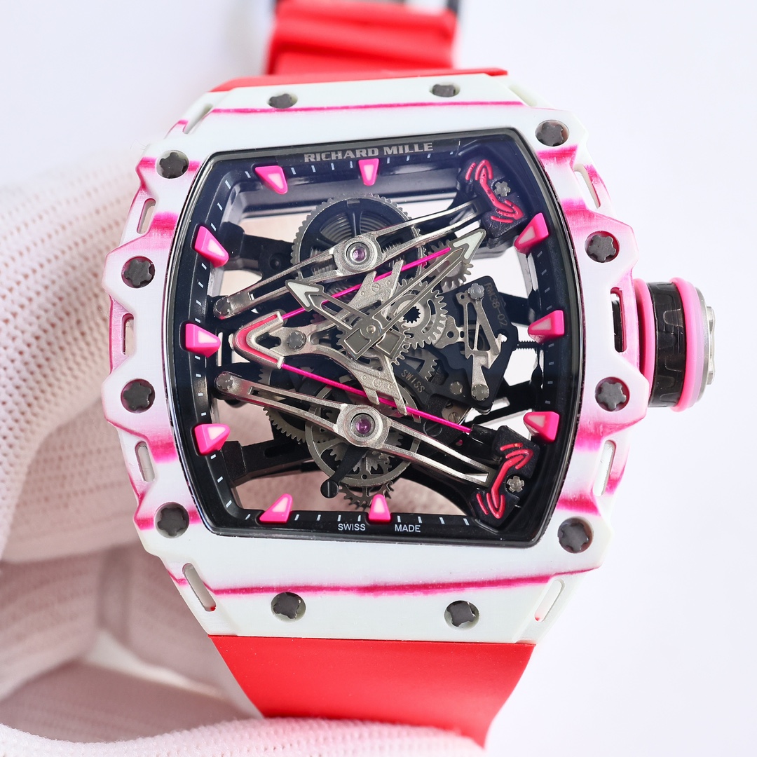 Richard Mille RM 38-02 Subal Watch Limited Edition Automatic Watch (White Ceramic with Pink Accents Case, Red Rubber Strap)