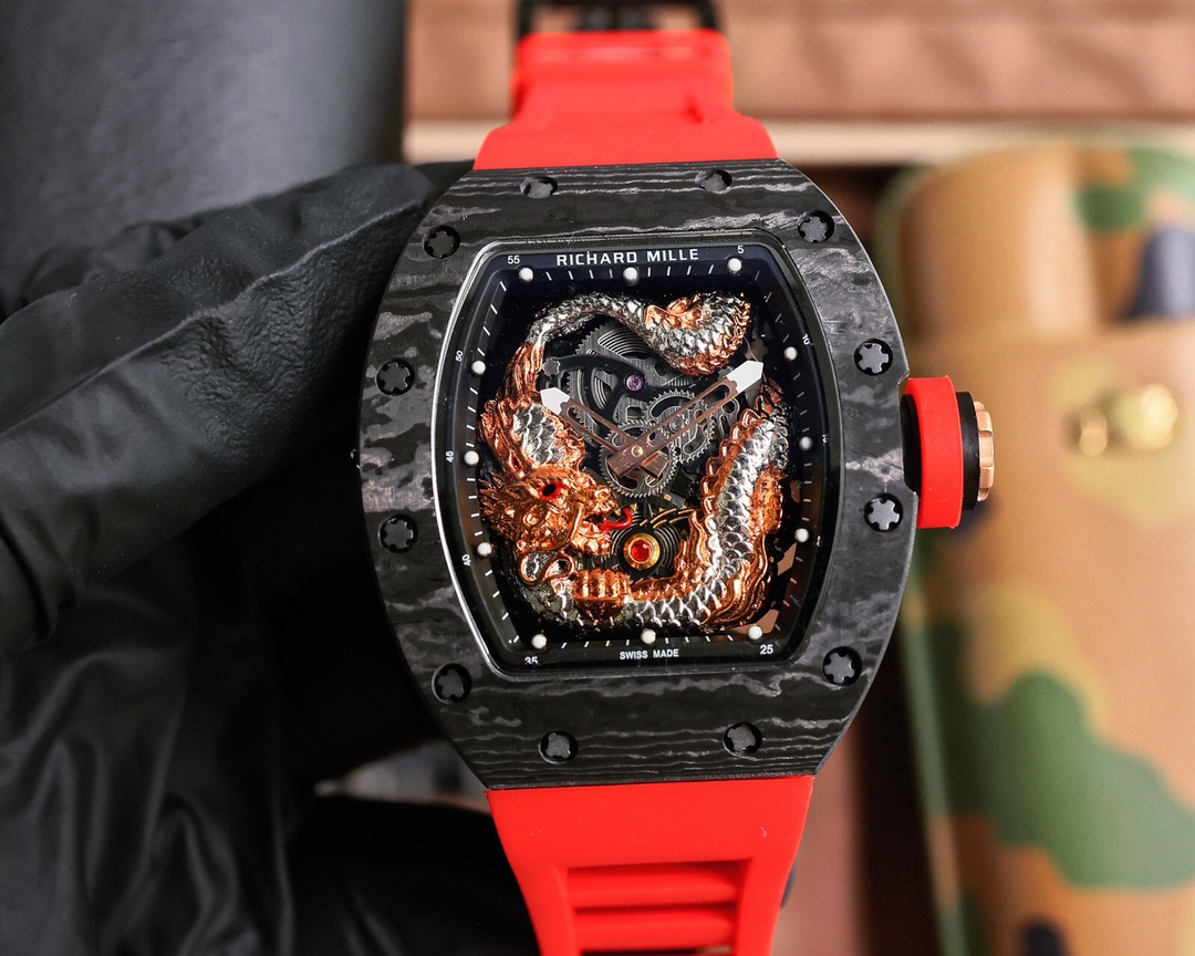 Richard Mille RM 57-03 Dragon - Themed Skeleton Automatic Watch (NTPT Carbon Case, Red Rubber Strap)
