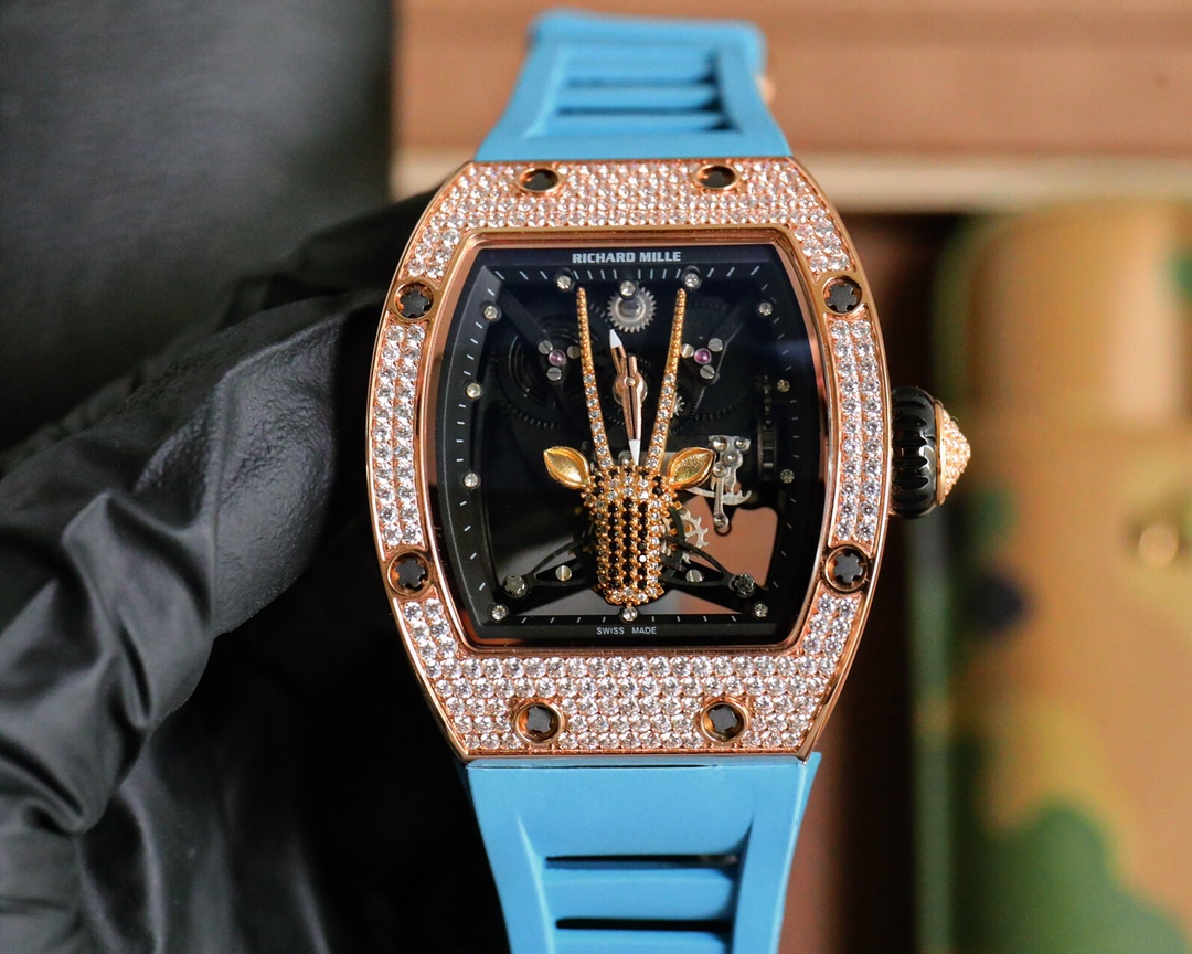 Richard Mille Diamond - Set Giraffe Skeleton Automatic Watch (18K Rose Gold Case, Blue Rubber Strap)