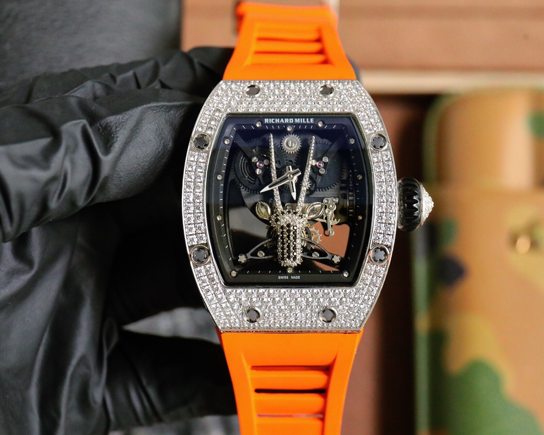 Richard Mille Diamond - Set Giraffe Skeleton Automatic Watch (Titanium Case, Orange Rubber Strap)