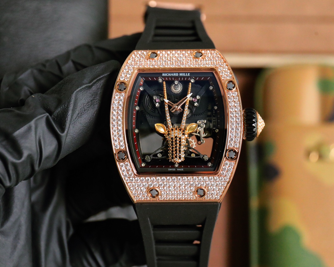 Richard Mille Diamond - Set Giraffe Skeleton Automatic Watch (18K Rose Gold Case, Black Rubber Strap)