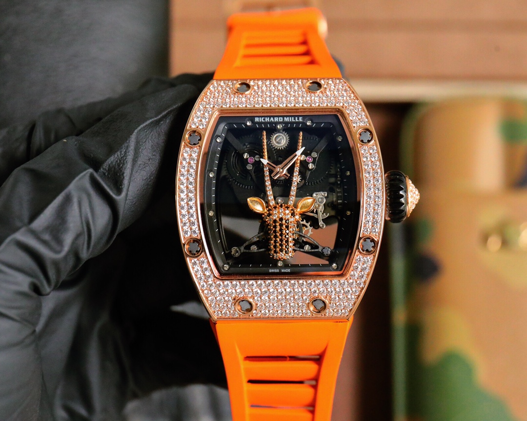 Richard Mille Diamond - Set Giraffe Skeleton Automatic Watch (18K Rose Gold Case, Orange Rubber Strap)