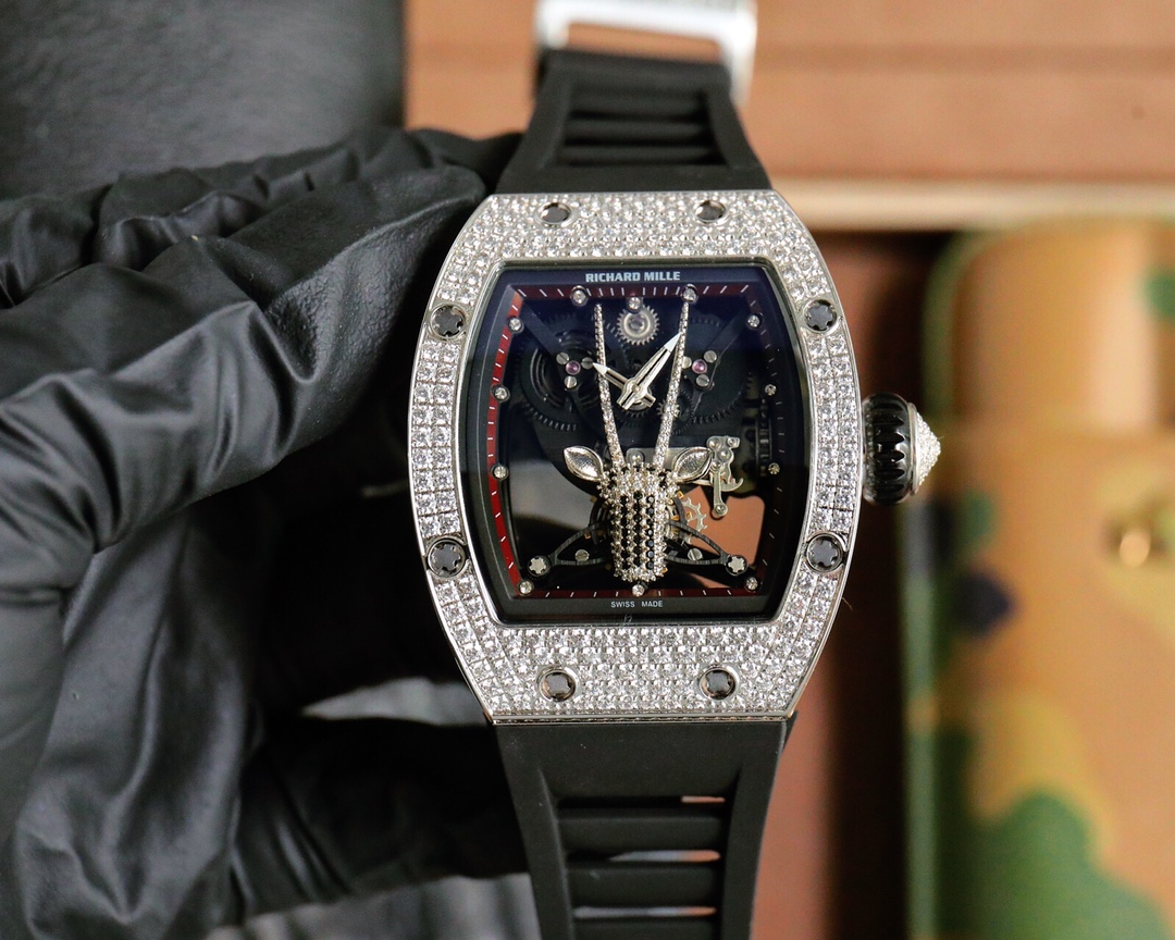 Richard Mille Diamond - Set Giraffe Skeleton Automatic Watch (Black Rubber Strap)