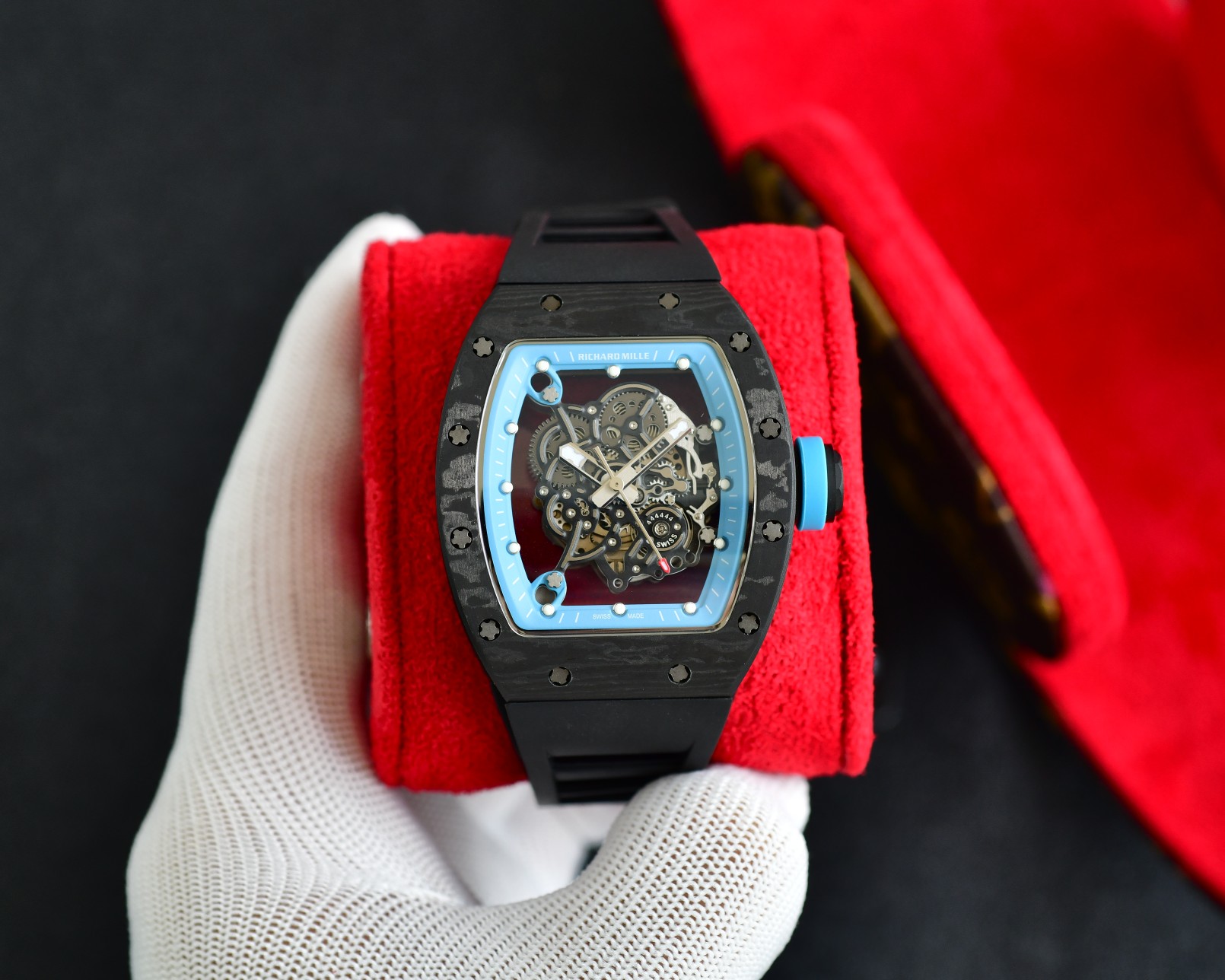 Richard Mille RM055 Bubba Watson Automatic Skeleton Tourbillon Watch (NTPT Carbon Case with Blue Ceramic Bezel, Black Rubber Strap)