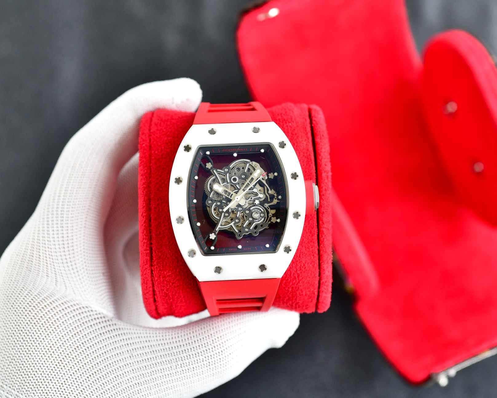 Richard Mille RM055 Bubba Watson Automatic Skeleton Tourbillon Watch (Aluminum - Titanium Case, Red Rubber Strap)