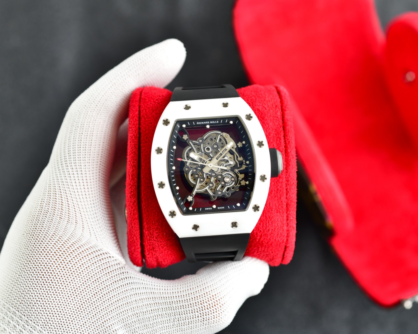 Richard Mille RM055 Bubba Watson Automatic Skeleton Tourbillon Watch (White Ceramic Case, Black & White Rubber Strap)