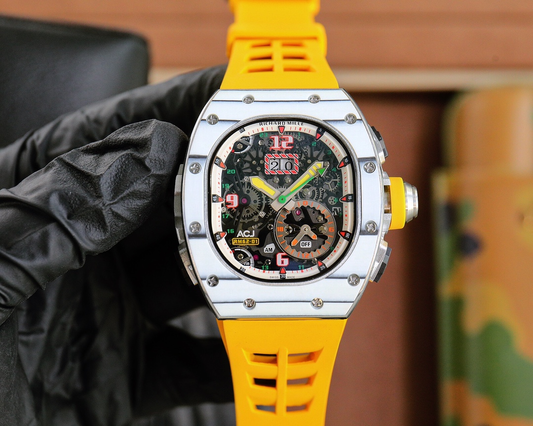 Richard Mille RM62-01 Automatic Flyback Chronograph Watch (Titanium Case, Yellow Rubber Strap)