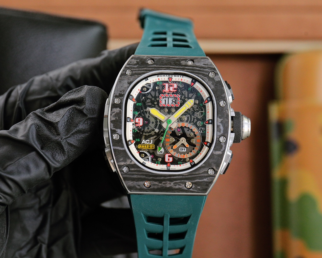 Richard Mille RM62-01 Automatic Flyback Chronograph Watch (NTPT Carbon Case, Teal Rubber Strap)