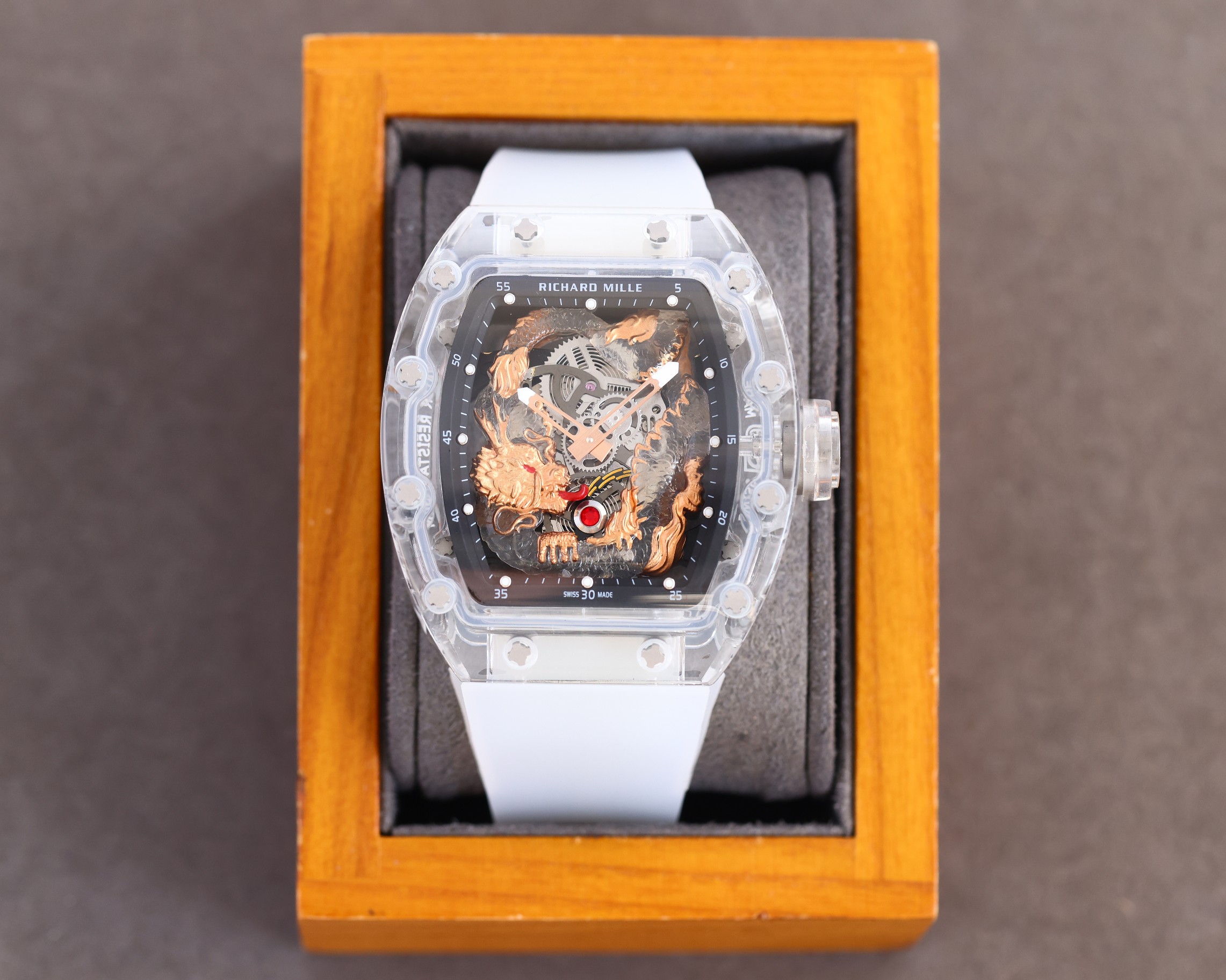 Richard Mille RM57-03 Artistic Dragon Skeleton Automatic Watch (Transparent Composite Case, White Rubber Strap)
