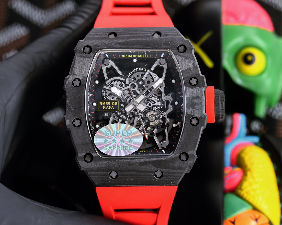 Richard Mille RM 35-02 RAFA Automatic Skeleton Watch (Black NTPT Carbon Case, Black Rubber Strap)