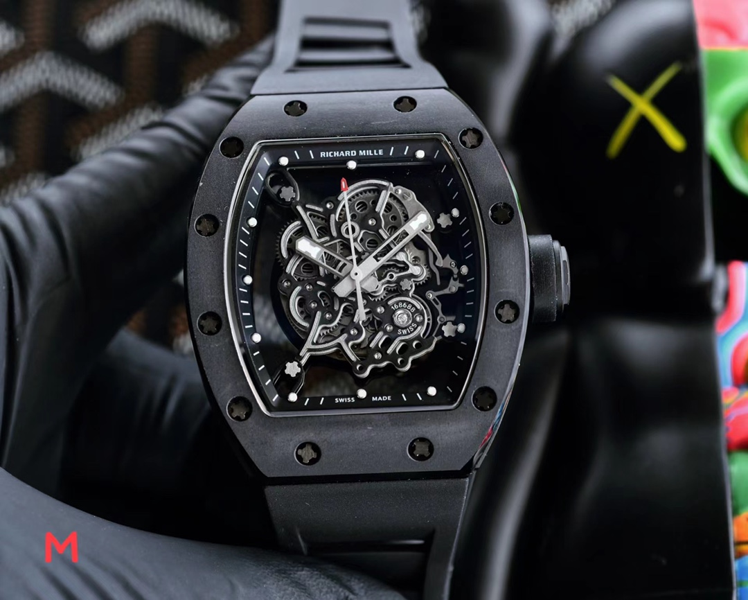 Richard Mille RM055 Automatic Skeleton Watch (Black Ceramic Case, Black Rubber Strap)