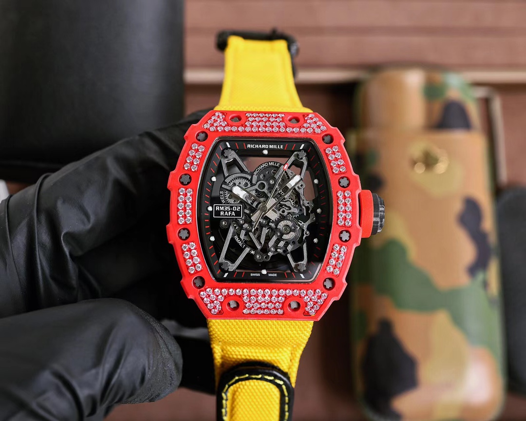 Richard Mille RM 35-02 RAFA Automatic Skeleton Watch (Red Ceramic Case with Diamond-Set Bezel, Yellow Nylon Strap)