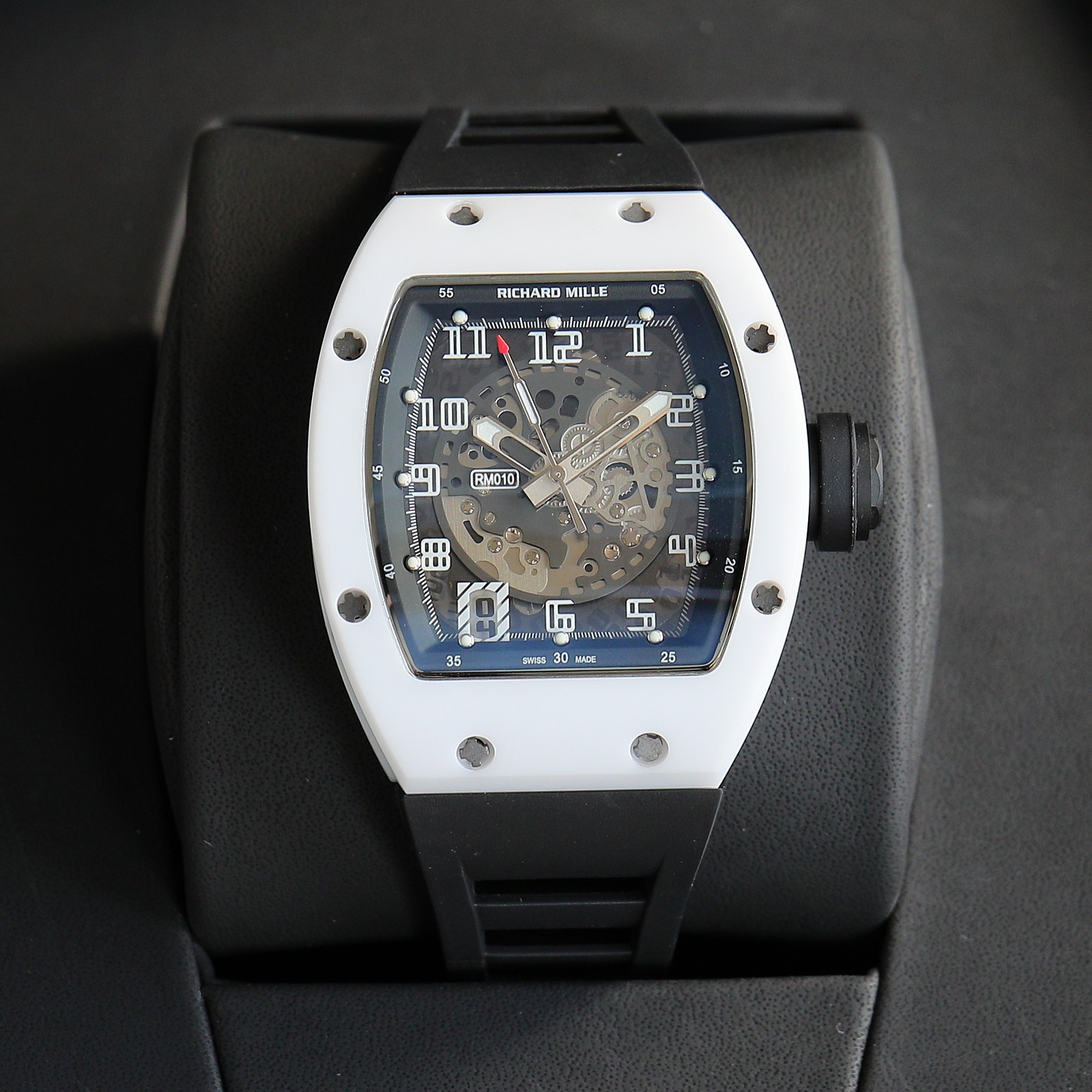 Richard Mille RM 055 Skeleton Automatic Watch (White Ceramic Case, Black Rubber Strap)