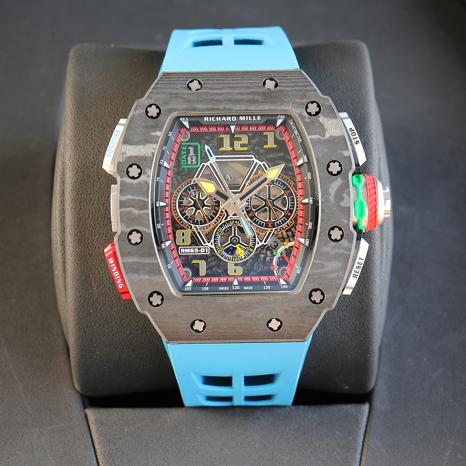 Richard Mille RM 65 - 01 Chronograph Watch (NTPT Carbon Case, Blue Rubber Strap)