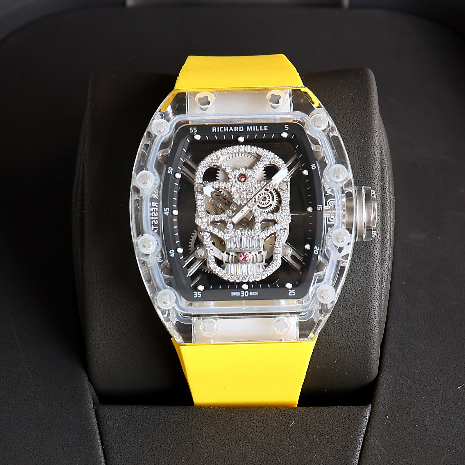 Richard Mille RM 52-01 Diamond Skull Tourbillon Watch (Transparent Sapphire Composite Case, Yellow Rubber Strap)