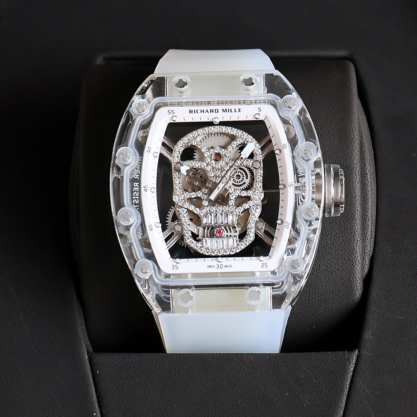 Richard Mille RM 52-01 Diamond Skull Tourbillon Watch (Transparent Sapphire Composite Case, White Rubber Strap)