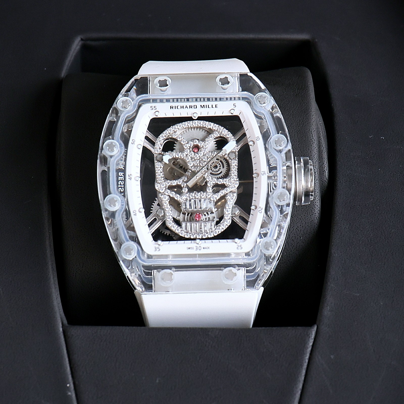 Richard Mille RM 52 - 01 Diamond - Skull Tourbillon Watch (Transparent Sapphire Case, White Rubber Strap)
