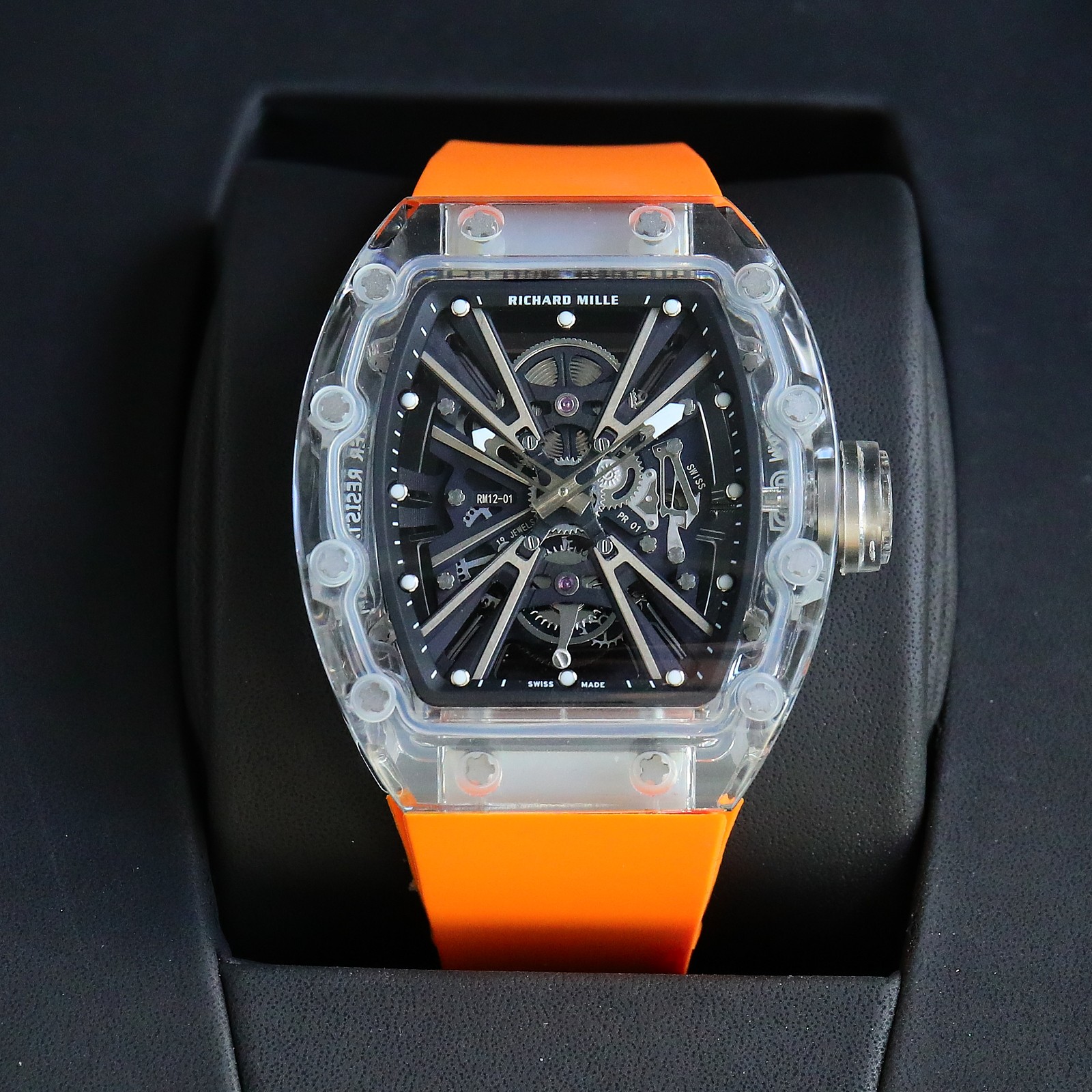 Richard Mille RM12 - 01 Tourbillon Watch (Transparent Sapphire - Composite Case, Orange Rubber Strap)