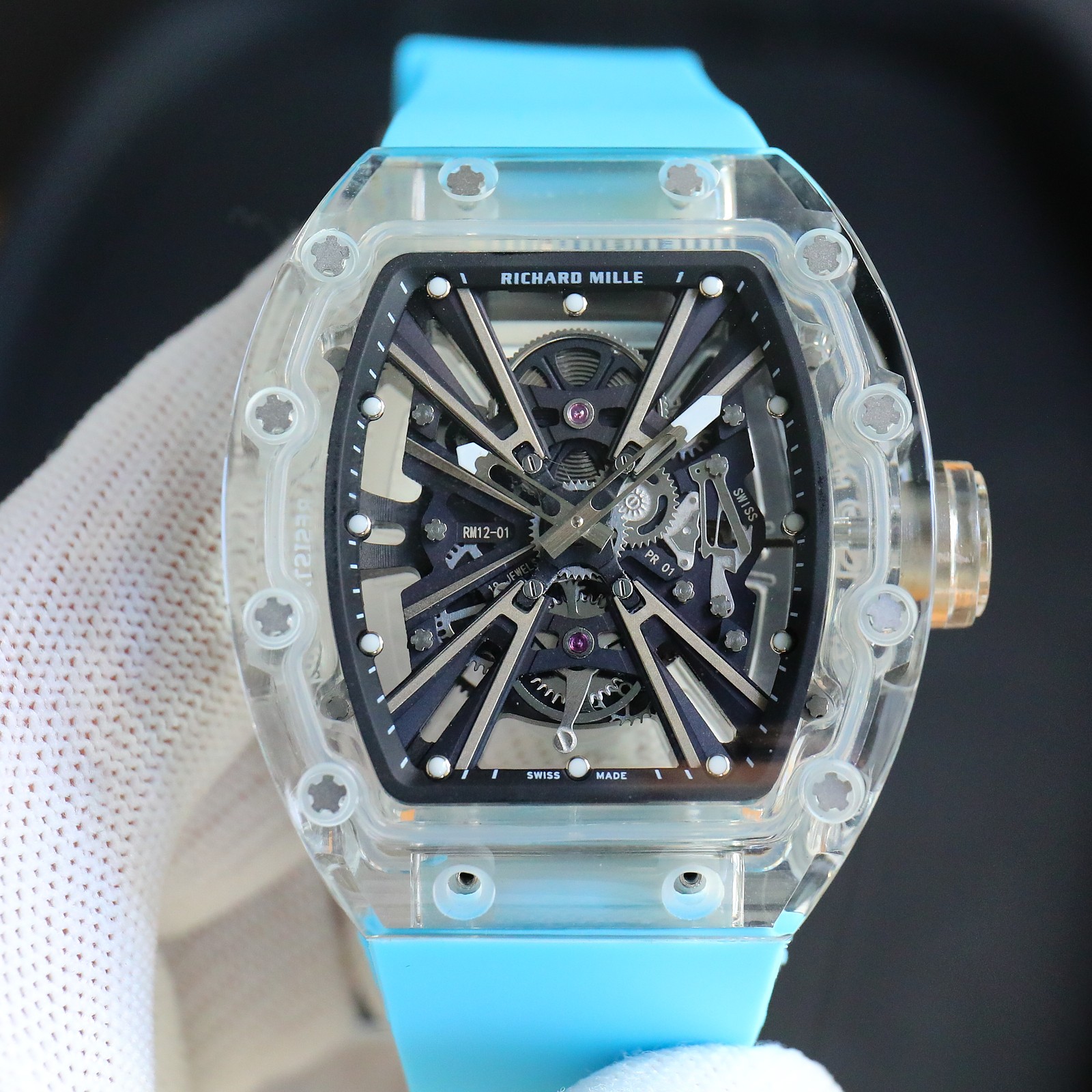 Richard Mille RM12 - 01 Tourbillon Watch (Transparent Sapphire - Composite Case, Sky - Blue Rubber Strap)