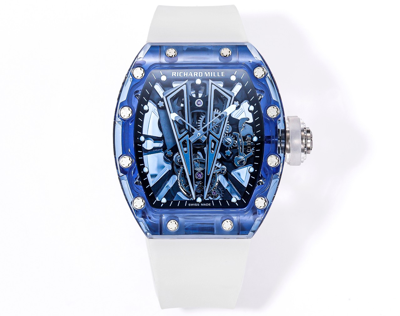 Richard Mille Blue Sapphire - Composite Tourbillon Watch (Geometric Skeleton Dial, White Rubber Strap)
