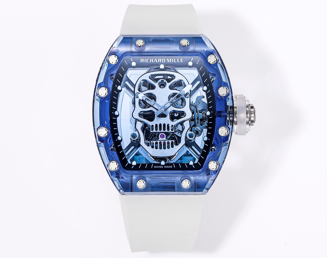 Richard Mille RM52 - 01 Skull Tourbillon Watch (Blue Sapphire - Composite Case, White Rubber Strap)
