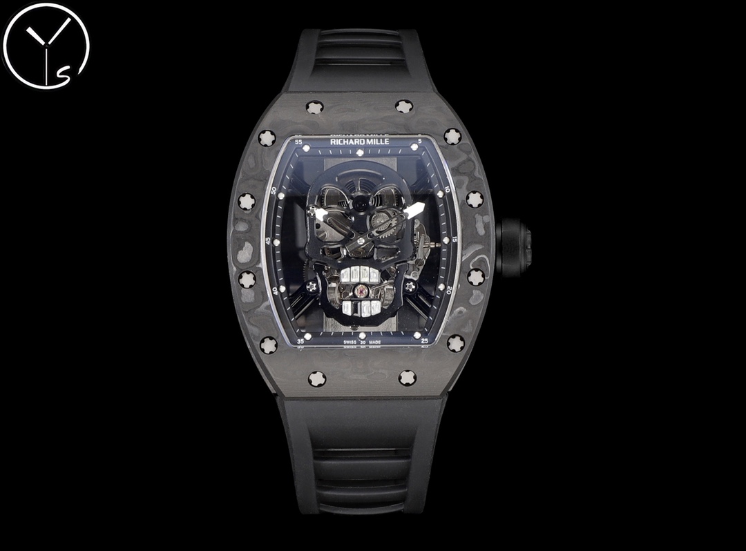 Richard Mille RM52 - 01 Skull Tourbillon Watch (Black Forged Carbon Case, Black Rubber Strap)