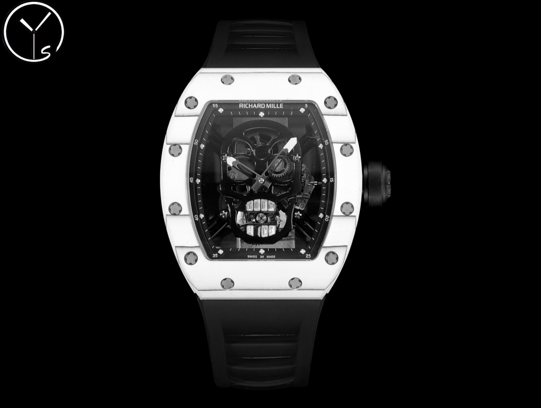 Richard Mille RM52 - 01 Skull Tourbillon Watch (White Ceramic Case, Black Rubber Strap)